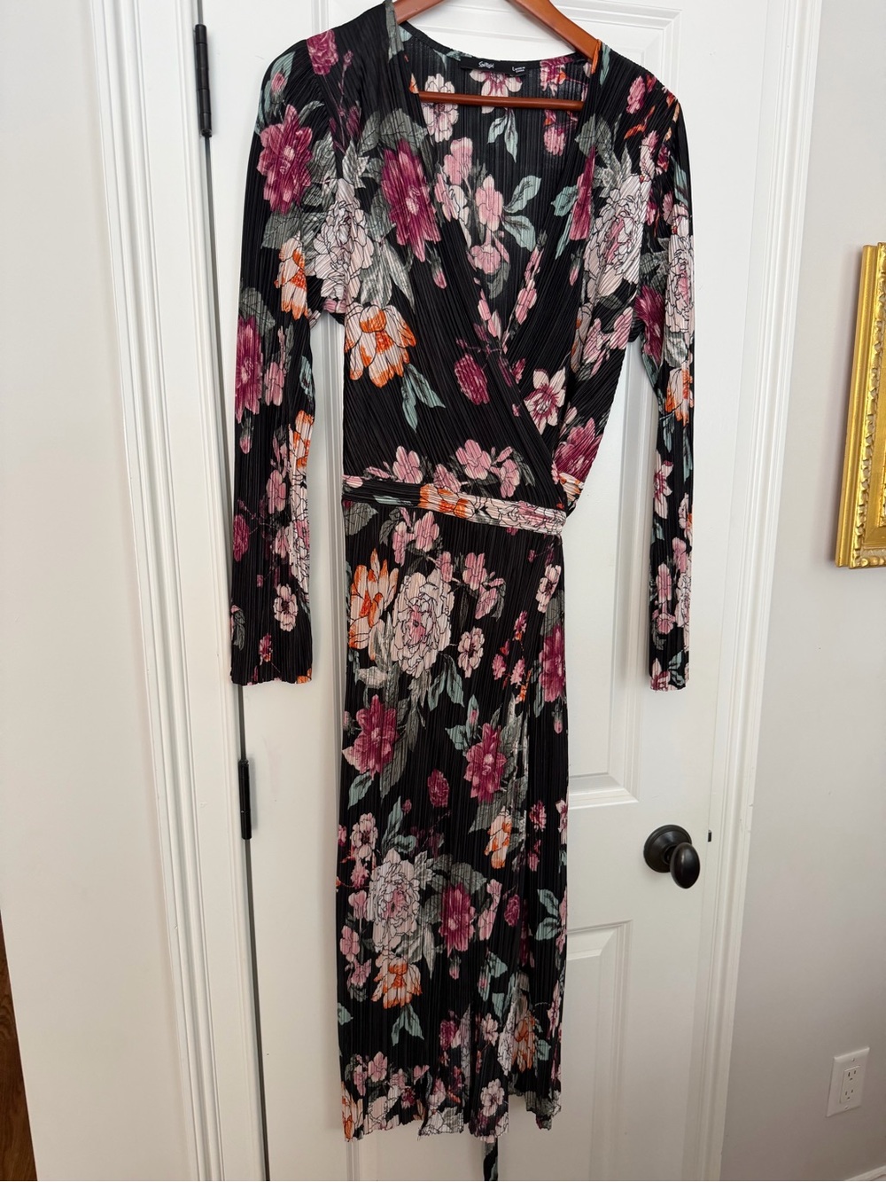 Sportsgirl Australia Plisse Floral Long-Sleeve Wrap Midi Dress